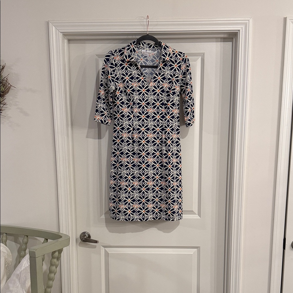 Jude Connally Geometric Navy and White Midi Dress